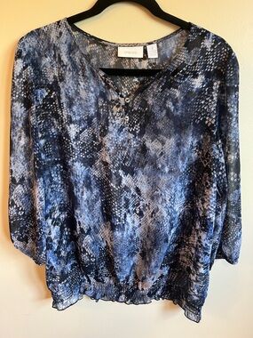 Chico’s Blue Snakeskin Print Sheer Blouse Size 1 Boho Career Top